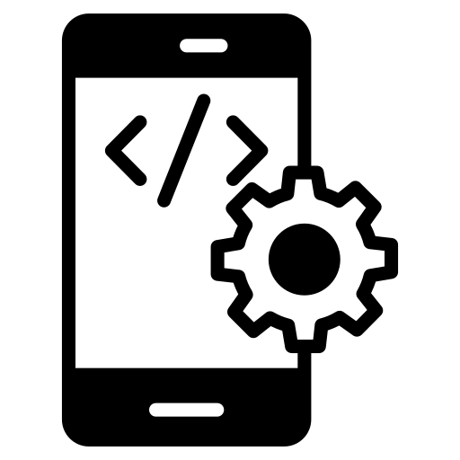 Icono de un celular con un engranage y codigo de programación de apertura y cierre que representa el mecanismo de una aplicación web y movil