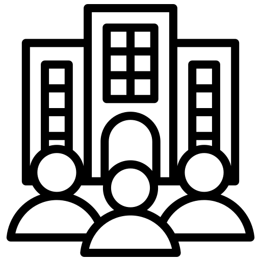 Icono de edificios con un grupo de personas delante que representa un servicio corporativo para soluciones de ingeniería en empresas y negocios